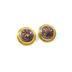 Vintage Round Domed Gold Tone Enamel Purple Swirls Earrings